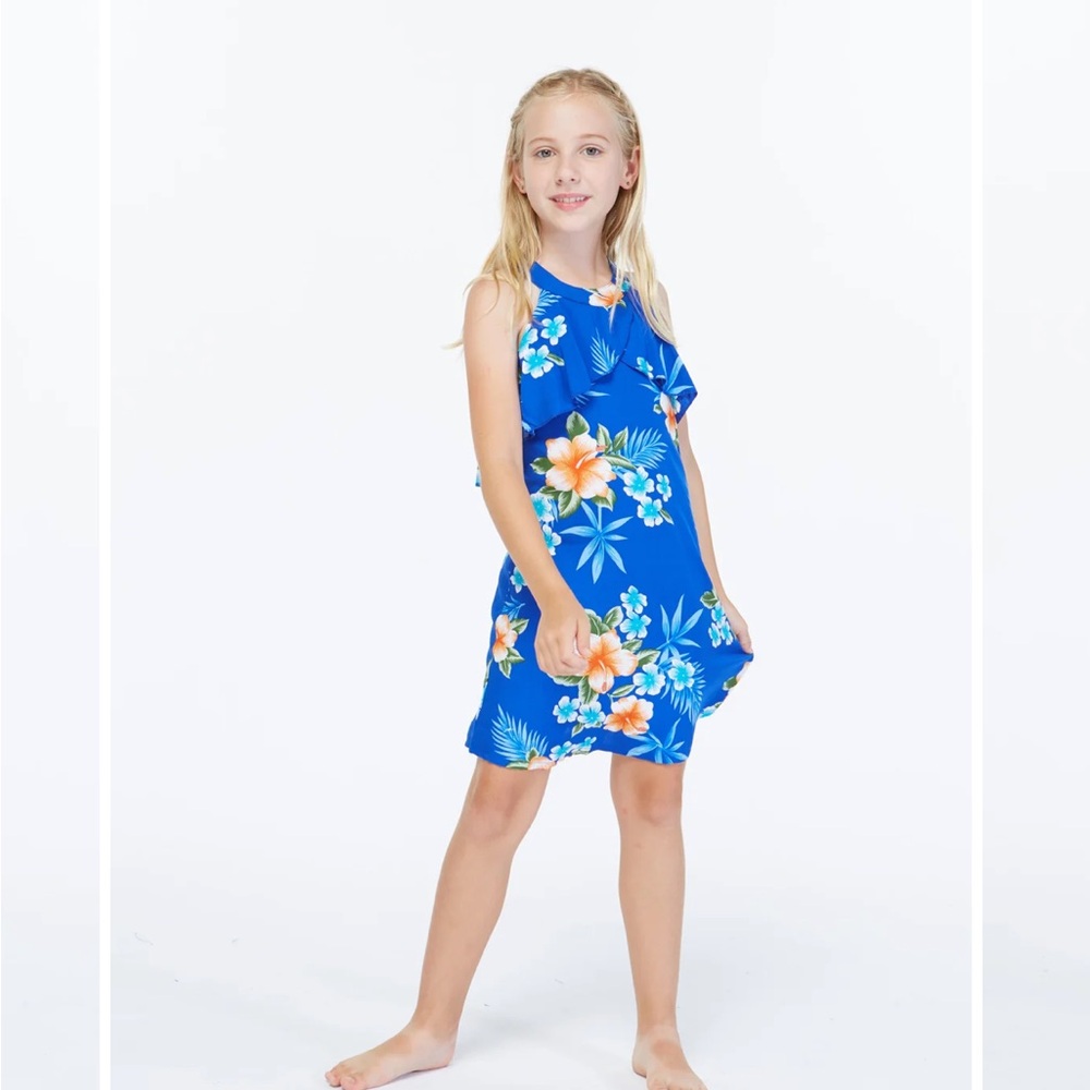 Hawaii Hangover Girl Round Neck with Ruffle Dress in Hibiscus Blue 10